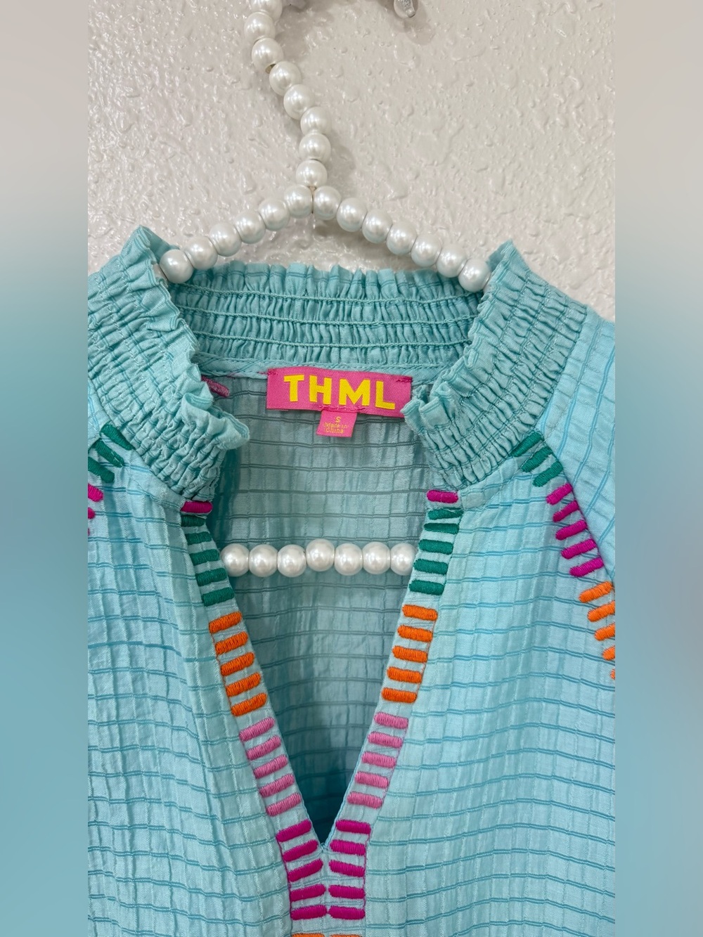 THML PUFF SLEEVE EMBROIDERY DETAIL STRIPED TOP Size S - Picture 3 of 8